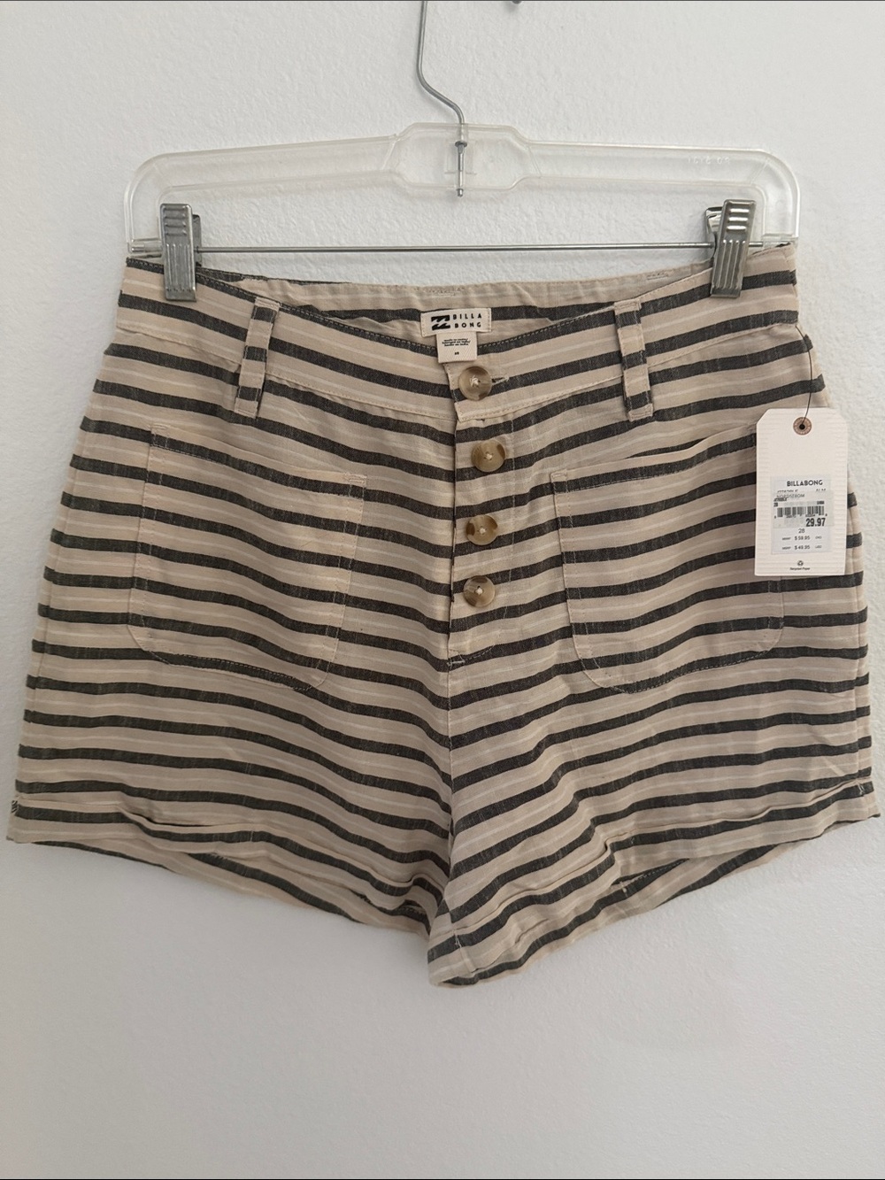 Billabong High Waist Striped Button-Front Shorts in Beige & Black